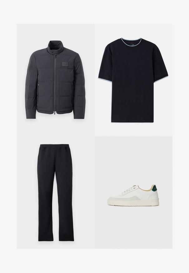 Musta puffatakki korkealla kauluksella, tikattu pinta ja vetoketju edessä. Sisältää pienen logopatchin vasemmassa rinnassa sekä sivutaskut.; T-paita tummansinisestä lyhythihaisesta kankaasta pyöreällä kaula-aukolla, jossa vaaleansininen yksityiskohta kauluksessa ja hihoissa. Valmistettu pehmeästä puuvillakankaasta.; Musta suorat-housut, joissa on joustava vyötärönauha, esiteltyinä tasaisesti valkoisella taustalla.; Valkoiset tennarit, joissa on nahkaosia, pyöreä kärki, tasaiset nauhat ja kermaisa kumi-pohja. Takana vihreä brändäys.