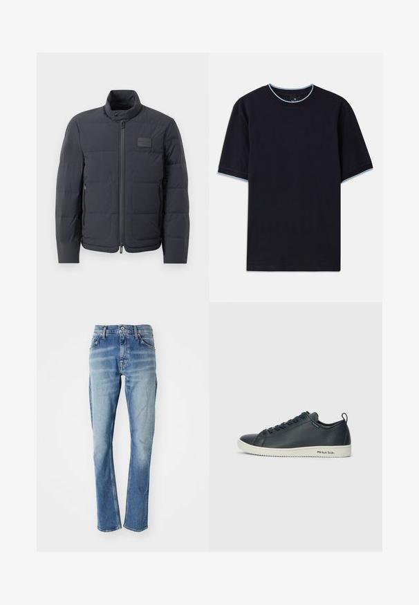 Jachetă puf neagră cu guler înalt, textură matlasată și fermoar frontal. Are un badge logo mic pe pieptul stâng și buzunare laterale.; Tricou scurt cu mânecă scurtă de culoare albastru închis, cu un guler rotund, având accente de culoare albastru deschis la guler și la mâneci. Fabricat dintr-un material moale din bumbac.; Jeans din denim de un albastru deschis, cu croi drept, având un design clasic cu cinci buzunare, cusături contrastante și o textură ușor estompată.; Sneaker din piele navy închis, cu o finisare netedă, vârf rotund, șase orificii pentru șireturi și talpă din cauciuc alb contrastant. Prezintă branding pe lateral.