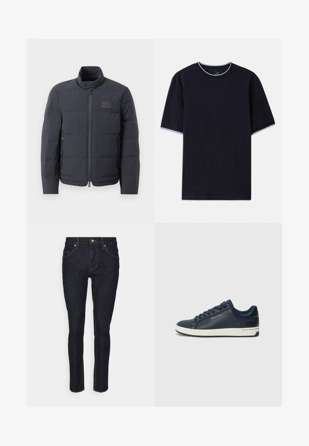 Črna napihnjena jakna z visokim ovratnikom, prešito teksturo in sprednjim zadrgo. Ima majhno logo nalepko na levem prsnem delu in stranske žepe.; Temno modra kratka majica s kratkimi rokavi in okroglim izrezom, s svetlo modrimi poudarki na ovratniku in rokavih. Narejena iz mehke bombažne tkanine.; Temno modri kavboj z oprijetim dizajnom, pet žepov in kontrastnim rumenim šivanjem ob šivih. Klasičen kroj ravnih nogavic.; Morske usnjene superge z belo gumijasto podplatom, okroglo konico in ravnimi vezalkami. Imajo zeleni poudarek na peti in diskreten logotip blagovne znamke na strani.