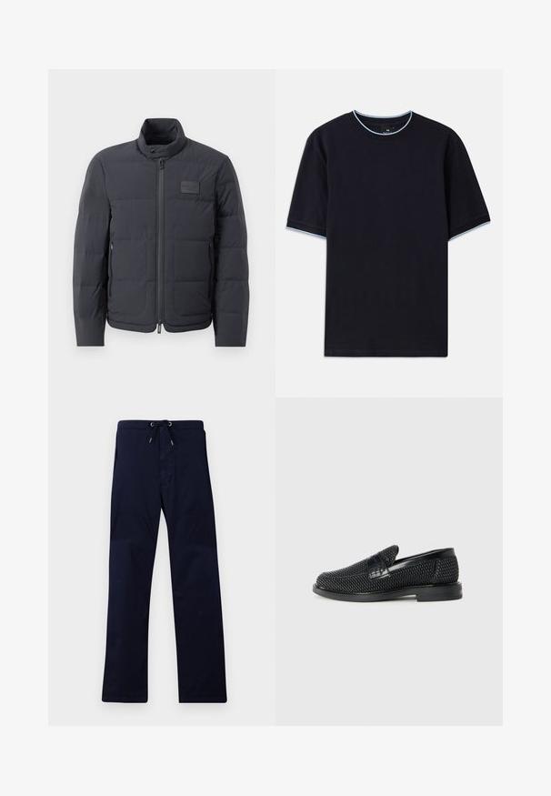 Must musternakk, millel on kõrge kaelus, tikkimise tekstuur ja esi tõmblukk. Iseloomustab väike logopatch vasakul rinnal ja küljetaskud.; Tume sinine lühikese varrukaga t-särk ümmarguse kaelusega, millel on helesinised aktsendid kaeluse ja varrukate ümber. Valmistatud pehmest puuvillast kangast.; Tumedate sinised püksid reguleeritava kummivöödiga, sirge jala disainiga ja siledast materjalist. Omavad küljetaskuid ja tugevdatud õmblusi.; Must musta kootud slip-on king, millel on pehme nahast accent ülaserval, ümmargune varvas ja madal profiiliga kummitald.