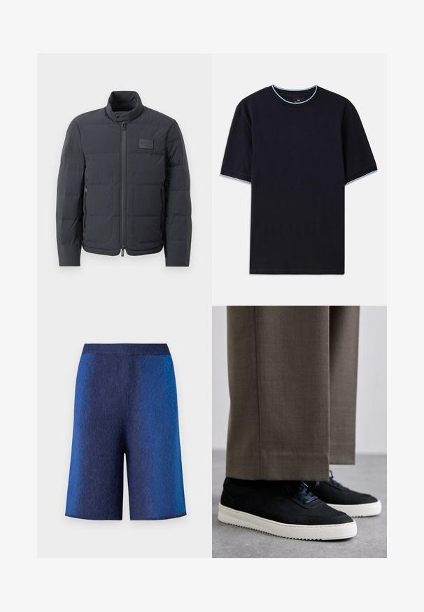 Crna puf jakna s visokim ovratnikom, kviltanom teksturom i prednjim zatvaračem. Ima mali logotip na lijevoj strani prsnog dijela i bočne džepove.; Tamno plava kratka majica s kapućinom, s okruglim izrezom, s svijetloplavim detaljima na ovratniku i rukavima. Izrađena od mekog pamučnog materijala.; Tamno plavi šortsevi s teksturiranim finišom, s ravnim krojem i nevidljivim pojasom, dizajnirani za udobnost i ležeran izgled.; Crne nubuk tenisice s bijelim gumenim potplatima, s zaobljenim vrhom i vezicama, uparene s sivim krojenim hlačama.
