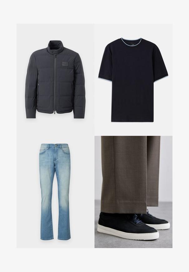 Jachetă puf neagră cu guler înalt, textură matlasată și fermoar frontal. Are un badge logo mic pe pieptul stâng și buzunare laterale.; Tricou scurt cu mânecă scurtă de culoare albastru închis, cu un guler rotund, având accente de culoare albastru deschis la guler și la mâneci. Fabricat dintr-un material moale din bumbac.; Jeans din denim de culoare albastru deschis cu fundă largă, având cinci buzunare, închidere cu nasture și decolorare subtilă pe coapse și genunchi.; Tenisi din suede negru cu talpă din cauciuc alb, având vârf rotunjit și șireturi, purtați cu pantaloni gri ajustați.