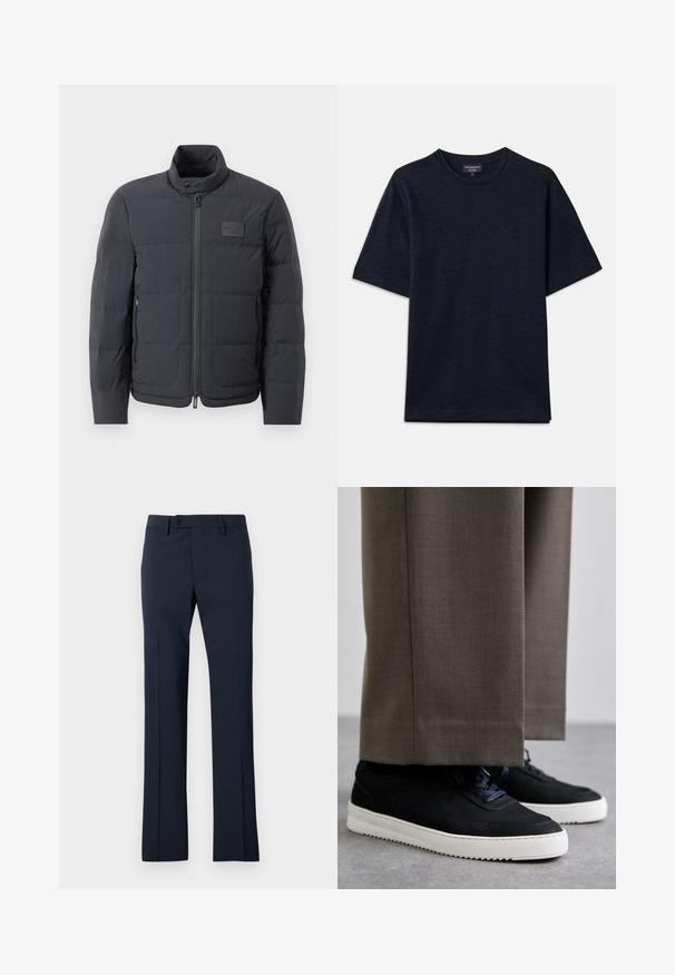 Crna puf jakna s visokim ovratnikom, kviltanom teksturom i prednjim zatvaračem. Ima mali logotip na lijevoj strani prsnog dijela i bočne džepove.; Tamno plava majica s teksturiranim uzorkom, okruglim izrezom i kratkim rukavima. Suptilan detalj loga na prsima, izrađena od mekog pamučnog materijala.; Tamno plave hlače od glatkog materijala, s ravnim krojem, kopčanjem na dugme i detaljem pregiba sprijeda.; Crne nubuk tenisice s bijelim gumenim potplatima, s zaobljenim vrhom i vezicama, uparene s sivim krojenim hlačama.