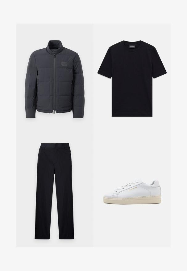Černá péřová bunda s vysokým límcem, prošívanou strukturou a předním zipem. Obsahuje malé logo na levé straně hrudi a boční kapsy.; Černé tričko s krátkým rukávem a kulatým výstřihem s jemným raženým vzorem a štítkem značky uvnitř límce, položené na bílém pozadí.; Černé kalhoty s lehkým, strukturovaným materiálem, rovnými nohavicemi, elastickým pasem a postranními zipovými kapsami.; Bílé kožené tenisky s kulatou špičkou, plochými tkaničkami a krémovou gumovou podrážkou. Mají decentní zlaté logo a hladký povrch.