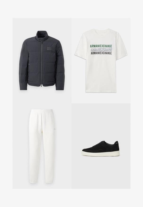 Crna puf jakna s visokim ovratnikom, kviltanom teksturom i prednjim zatvaračem. Ima mali logotip na lijevoj strani prsnog dijela i bočne džepove.; Bijela pamučna majica s kratkim rukavima koja prikazuje ponovljen tekst "ARMANIEXCHANGE" u zelenoj, plavoj i crnoj boji. Ima klasičan okrugli izrez.; Bijele trenirke izrađene od mekane tkanine, s elastičnom strukom, suženim nogavicama i malim logom s lijeve strane.; Crne nubuk tenisice s vezanjem i kontrastnom bijelom gumenom potplatom. Imaju teksturirane bočne panele i suptilno brendiranje na peti.
