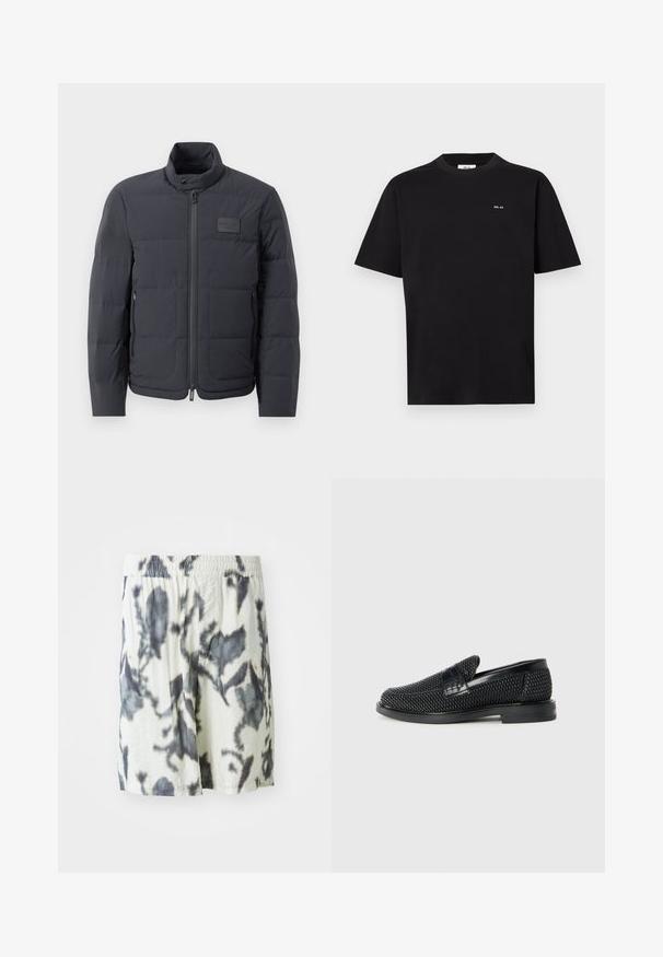 Melna pūkaina jaka ar augstu apkakli, quiltota tekstūra un priekšējo rāvējslēdzēju. Iekļauj mazu logotipa plāksteri kreisajā krūtī un sānu kabatas.; Melna īsām piedurknēm tee krekls ar mazu baltu "NN. 07" logotipu uz kreisā krūšu, attēlots uz balta fona.; Bieli šorti ar melnu krāsu izsmidzināšanas rakstu, ar elastīgu jostasvietu un elpojošu audumu komfortam. Ikdienišķs dizains ar brīvu piegriezumu.; Melnas austas slaidu kurpes ar gludu ādas akcentu augšpusē, apaļas formas purngalu un zemas profila gumijas zoli.