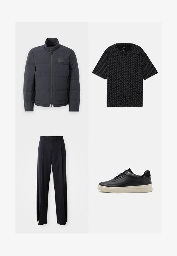Fekete steppelt dzseki magas gallérral, steppelt textúrával és elülső cipzárral. Bal mellkason egy kis logófolt található, valamint oldalsó zsebek.; Fekete póló, váltakozó 'A' logók textúrájával, rövid ujjakkal és kerek nyakkivágással. Könnyű anyagból készült.; Fekete, magasan ültetett nadrág, széles szárai vannak, sima anyagból készült. Elülső redők és övhurkok jellemzik. Minimalista dizájn, látható fémalkatrészek nélkül.; Fekete bőrsportcipő alacsony profilú kialakítással, krémszínű gumitalppal, kerek orral és fűzős dizájnnal, fekete velúr sarkkal kiemelve.