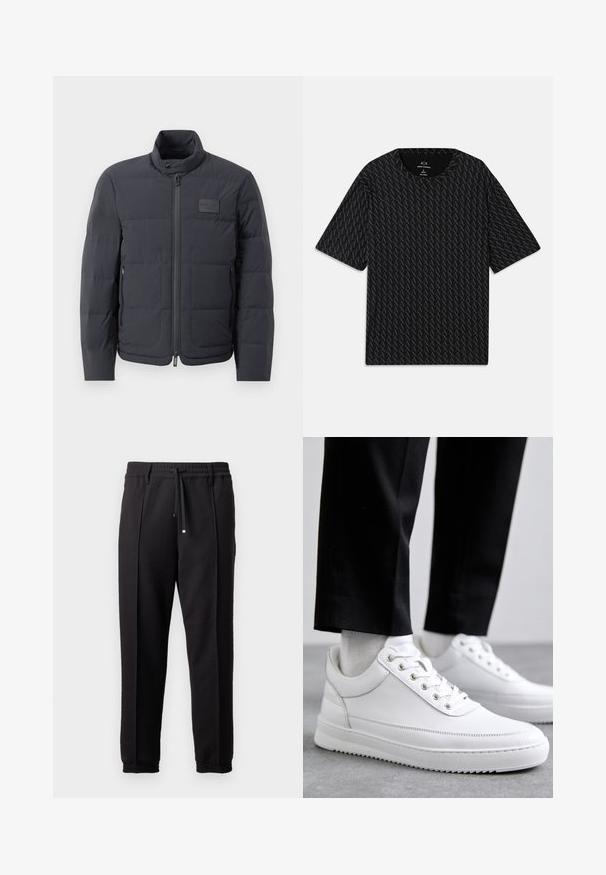 Crna puf jakna s visokim ovratnikom, kviltanom teksturom i prednjim zatvaračem. Ima mali logotip na lijevoj strani prsnog dijela i bočne džepove.; Crna majica s kratkim rukavima koja sadrži teksturirani uzorak izmjeničnih 'A' logotipa i okrugli izrez. Napravljena od laganog materijala.; Crne hlače s pojasom, vezicom i elastičnim rubovima. Imaju nabore i glatku, teksturiranu tkaninu.; Bijele kožne tenisice s ravnim gumenenim potplatom, s glatkom završnom obradom, okruglim vrhom i metalnim rupama za vezice. Nosive s crnim hlačama.