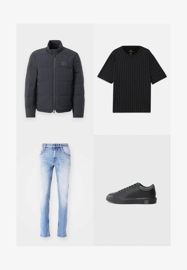 Černá péřová bunda s vysokým límcem, prošívanou strukturou a předním zipem. Obsahuje malé logo na levé straně hrudi a boční kapsy.; Černé tričko s texturovaným vzorem střídajících se logo 'A', krátké rukávy a kulatý výstřih. Vyrobeno z lehkého materiálu.; Světle modré denimové džíny s vybledlým vzhledem, rovný střih nohavic, pět kapes, páskové smyčky a jednobodové zapínání v pase.; Černé kožené tenisky s hladkým povrchem, zaoblenou špičkou a tmavě šedými akcenty. Disponují šněrovacím designem a texturovanou gumovou podrážkou.