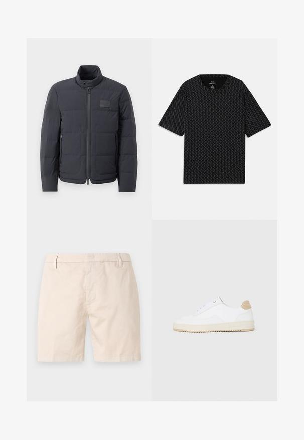 Čierna puffová bunda s vysokým golierom, prešívanou textúrou a predným zipsom. Obsahuje malú nášivku loga na ľavej hrudi a bočné vrecká.; Čierne tričko s textúrovaným vzorom striedajúcich sa log 'A', krátke rukávy a okrúhly výstrih. Vyrobené z ľahkého materiálu.; beige bavlnené šortky s rovnými nohavicami, zapínaním na gombík, pútka na opasok a bočnými vreckami. Hladká textura a jednoduchý dizajn.; Biele nízke tenisky s textúrovaným koženým zvrškom, krémovou drážkovanou podrážkou a akcentom v hnedej farbe na podpätku. Majú biele šnúrky a detail loga na päte.