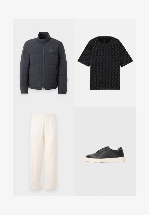 Črna napihnjena jakna z visokim ovratnikom, prešito teksturo in sprednjim zadrgo. Ima majhno logo nalepko na levem prsnem delu in stranske žepe.; Črna majica s kratkimi rokavi, ki vsebuje teksturiran vzorec iz izmeničnih logotipov 'A', z okroglim izrezom. Narejena iz lahkega materiala.; Lahki, smetano obarvane hlače z elastičnim pasom, naravnim krojem nogavic in subtilno teksturo. Brez vidnih žepov.; Črne usnjene superge z teksturiranim zaključkom, okroglo konico in ravnim belim gumijastim podplatom. Imajo črne vezalke in označbo na peti.