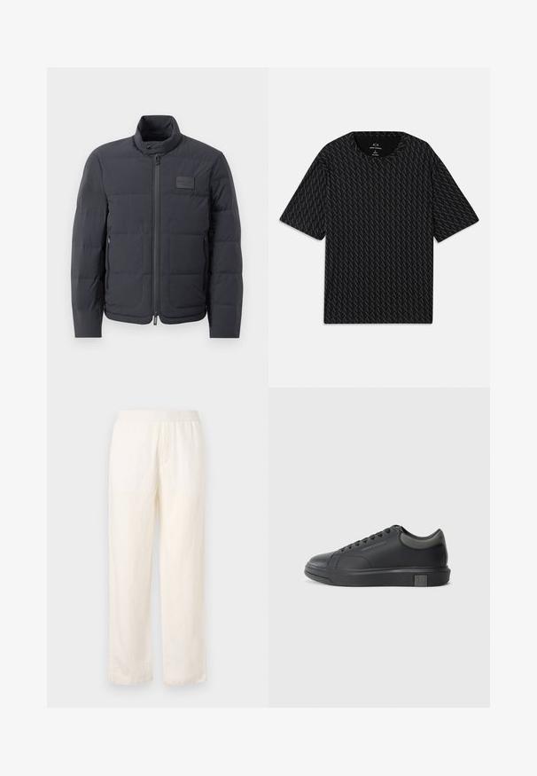 Črna napihnjena jakna z visokim ovratnikom, prešito teksturo in sprednjim zadrgo. Ima majhno logo nalepko na levem prsnem delu in stranske žepe.; Črna majica s kratkimi rokavi, ki vsebuje teksturiran vzorec iz izmeničnih logotipov 'A', z okroglim izrezom. Narejena iz lahkega materiala.; Lahki, smetano obarvane hlače z elastičnim pasom, naravnim krojem nogavic in subtilno teksturo. Brez vidnih žepov.; Črne usnjene teniske s gladko površino, zaobljenim prstom in temno sivo akcenti. Imajo sistem vezanja in teksturiran gumijast podplat.