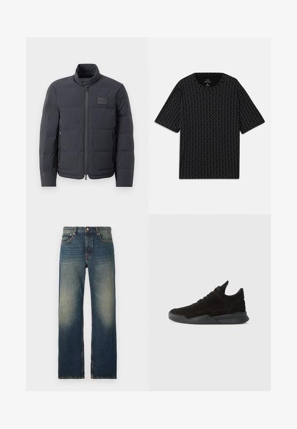 Casaco puffer preto com gola alta, textura acolchoada e fecho éclair frontal. Apresenta um pequeno emblema no lado esquerdo do peito e bolsos laterais.; Camiseta preta com um padrão texturizado de logótipos 'A' alternados, mangas curtas e decote redondo. Feita de tecido leve.; Jeans de denim azul de perna reta com um acabamento desbotado, costura em contraste, cinco bolsos e um fecho tradicional com botão e zíper.; Sapatilha de camurça preta com um perfil baixo, parte superior texturizada, atacadores planos e uma sola de borracha sólida com um ligeiro salto e design curvo.