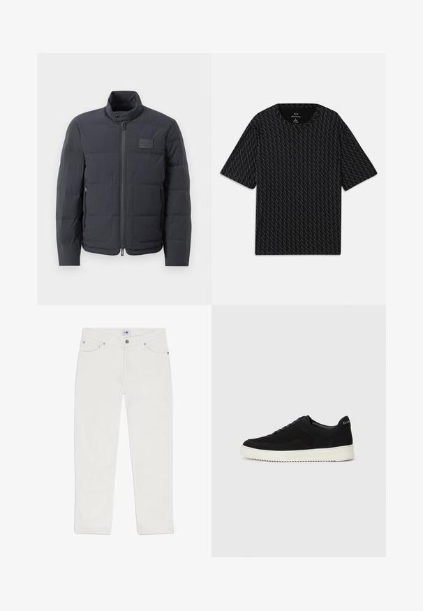 Schwarze Daunenjacke mit hohem Kragen, gestepptem Muster und einem Reißverschluss vorne. Verfügt über ein kleines Logopatch auf der linken Brust und seitliche Taschen.; Schwarzes T-Shirt mit einem strukturierten Muster von abwechselnden "A"-Logos, kurzen Ärmeln und rundem Halsausschnitt. Hergestellt aus leichtem Stoff.; Weiße Denim-Jeans mit geradem Schnitt, Five-Pocket-Design und silbernen Hardware-Akzenten. Das Material hat eine glatte Textur und einen schlichten Stil.; Schwarze Wildleder-Sneaker mit Schnürdesign und kontrastierender weißer Gummisohle. Verfügt über strukturierte Seitenpaneele und dezentes Branding an der Ferse.