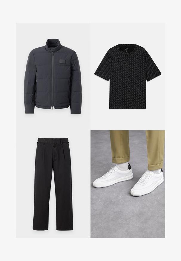 Chaqueta acolchada negra con cuello alto, textura acolchada y cierre frontal. Presenta un pequeño parche con logo en el pecho izquierdo y bolsillos laterales.; Camiseta negra con un patrón texturizado de logos 'A' alternados, mangas cortas y escote redondo. Fabricada con tejido ligero.; Pantalones de algodón negros de corte recto, con un frente plisado, presillas para el cinturón y cierre de botón. Textura suave sin patrones.; Zapatillas blancas con un acabado de cuero texturizado, punta redondeada y acento negro en el talón. Suela de goma con un pequeño patrón de relieve y detalle de costura.