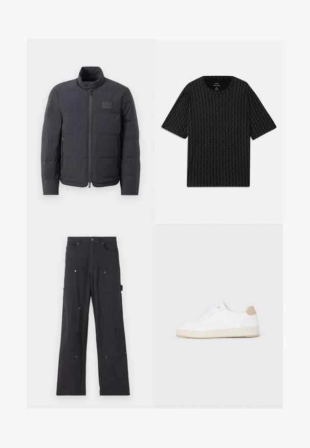 Μαύρο φουσκωτό μπουφάν με ψηλό γιακά, καπιτονέ υφή και φερμουάρ μπροστά. Διαθέτει μια μικρή επιγραφή λογότυπου στην αριστερή μεριά του στήθους και πλαϊνές τσέπες.; Μαύρο t-shirt με υφασμάτινο σχέδιο που εναλλάσσει λογότυπα "A", κοντά μανίκια και στρογγυλή λαιμόκοψη. Κατασκευασμένο από ελαφρύ ύφασμα.; Μαύρο cargo παντελόνι από ανθεκτικό ύφασμα με ίσια γραμμή, διαθέτει μπροστινές τσέπες, κουμπιά με κλιπ και πλαϊνές τσέπες εργαλείων.; Λευκά sneakers χαμηλού τύπου με άνω μέρος από υφασμάτινο δέρμα, κρεμίζω με λοξές αντιθέσεις και κάλυμμα τακουνιού σε καφέ απόχρωση. Διαθέτουν λευκά κορδόνια και λεπτομέρεια λογότυπου στο τακούνι.