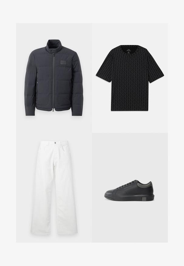Μαύρο φουσκωτό μπουφάν με ψηλό γιακά, καπιτονέ υφή και φερμουάρ μπροστά. Διαθέτει μια μικρή επιγραφή λογότυπου στην αριστερή μεριά του στήθους και πλαϊνές τσέπες.; Μαύρο t-shirt με υφασμάτινο σχέδιο που εναλλάσσει λογότυπα "A", κοντά μανίκια και στρογγυλή λαιμόκοψη. Κατασκευασμένο από ελαφρύ ύφασμα.; Λευκά τζιν παντελόνια με κανονική γραμμή, περιλαμβάνοντας δύο εμπρόσθιες τσέπες και κλείσιμο με κουμπί. Λείος υφάσματος με ελαφρώς ξεθωριασμένο φινίρισμα.; Μαύρο δερμάτινο αθλητικό παπούτσι με λεία επιφάνεια, στρογγυλή μύτη και σκούρες γκρίζες λεπτομέρειες. Διαθέτει σχέδιο με κορδόνια και υφασμάτινη αντιολισθητική σόλα.