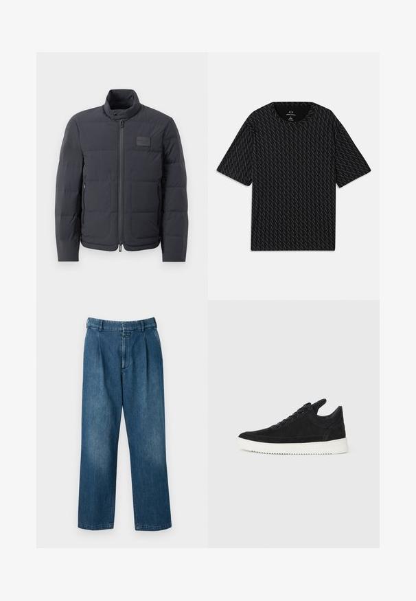Fekete steppelt dzseki magas gallérral, steppelt textúrával és elülső cipzárral. Bal mellkason egy kis logófolt található, valamint oldalsó zsebek.; Fekete póló, váltakozó 'A' logók textúrájával, rövid ujjakkal és kerek nyakkivágással. Könnyű anyagból készült.; Kék farmernadrág egyenes szárú dizájnnal, magas derékkal, elülső plisszírozással és klasszikus gombos zárással. Sima textúra.; Fekete nubuk sportcipő fehér gumitalppal, tónusos varrással és fűzős kialakítással. Simák a textúrája, modern, letisztult formával rendelkezik.