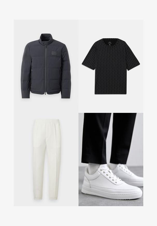 Crna puf jakna s visokim ovratnikom, kviltanom teksturom i prednjim zatvaračem. Ima mali logotip na lijevoj strani prsnog dijela i bočne džepove.; Crna majica s kratkim rukavima koja sadrži teksturirani uzorak izmjeničnih 'A' logotipa i okrugli izrez. Napravljena od laganog materijala.; Bijele uske hlače ravnog kroja s elastičnim pojasom, s dvije džepa sa strane i glatkom, lagano sjajnom teksturom.; Bijele kožne tenisice s ravnim gumenenim potplatom, s glatkom završnom obradom, okruglim vrhom i metalnim rupama za vezice. Nosive s crnim hlačama.