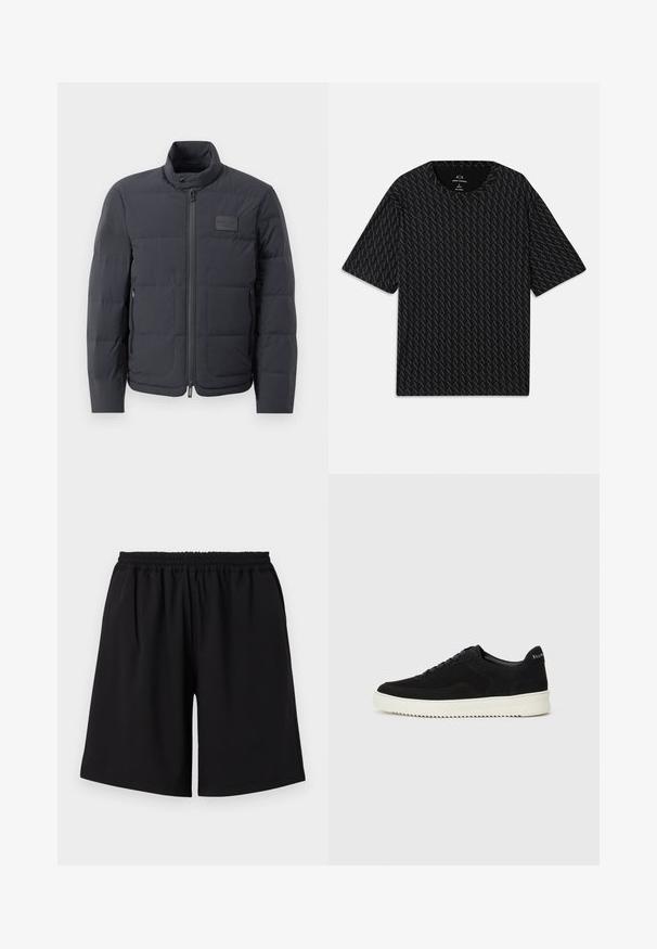 Čierna puffová bunda s vysokým golierom, prešívanou textúrou a predným zipsom. Obsahuje malú nášivku loga na ľavej hrudi a bočné vrecká.; Čierne tričko s textúrovaným vzorom striedajúcich sa log 'A', krátke rukávy a okrúhly výstrih. Vyrobené z ľahkého materiálu.; Čierne športové šortky vyrobené z ľahkej tkaniny. Majú elastický pás a voľný strih bez vreciek.; Čierne semišové tenisky s šnurovacím dizajnom a kontrastnou bielou gumovou podrážkou. Obsahujú štruktúrované bočné panely a jemné logo na päte.