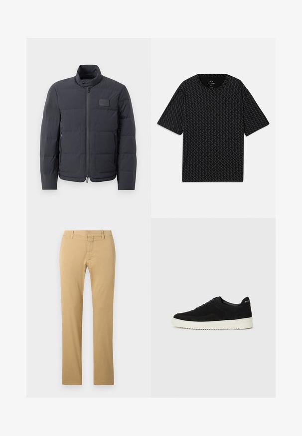 Czarna kurtka puchowa z wysokim kołnierzem, pikowanym wzorem i zamkiem z przodu. Posiada małą naszywkę z logo na lewej piersi oraz kieszenie boczne.; Czarny T-shirt z fakturowanym wzorem naprzemiennych logo 'A', krótkimi rękawami i okrągłym dekoltem. Wykonany z lekkiego materiału.; Beżowe bawełniane chinosy z prostą nogawką, z płaskim przodem, paskiem na pasek oraz ukrytym zapięciem na zamek.; Czarne zamszowe sneakersy z designem na sznurówki i kontrastującą białą gumową podeszwą. Posiadają teksturowane boczne panele oraz subtelne logo na pięcie.