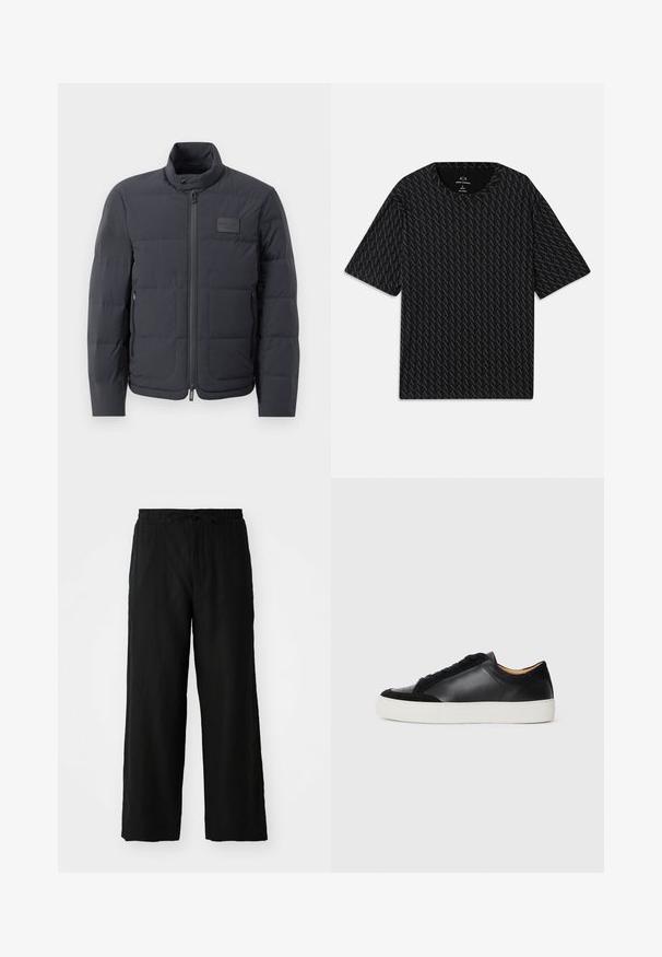Čierna puffová bunda s vysokým golierom, prešívanou textúrou a predným zipsom. Obsahuje malú nášivku loga na ľavej hrudi a bočné vrecká.; Čierne tričko s textúrovaným vzorom striedajúcich sa log 'A', krátke rukávy a okrúhly výstrih. Vyrobené z ľahkého materiálu.; Čierne nohavice širokého strihu vyrobené z ľahkej tkaniny, s elastickým pásom na šnúrku a bez viditeľných vreciek alebo vzorov.; Čierne kožené tenisky so semišovými akcentmi, okrúhle špičky, plochá biela gumová podrážka a kontrastné textúry na tele a šnúrkach.