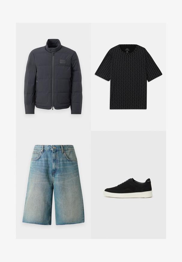 Čierna puffová bunda s vysokým golierom, prešívanou textúrou a predným zipsom. Obsahuje malú nášivku loga na ľavej hrudi a bočné vrecká.; Čierne tričko s textúrovaným vzorom striedajúcich sa log 'A', krátke rukávy a okrúhly výstrih. Vyrobené z ľahkého materiálu.; Svetlomodré džínsy šortky so rovný strihom, vysokým pásom a rozstrapkaným lemom. Obsahujú päť vreciek a predné zapínanie na gombík.; Čierne semišové tenisky s šnurovacím dizajnom a kontrastnou bielou gumovou podrážkou. Obsahujú štruktúrované bočné panely a jemné logo na päte.