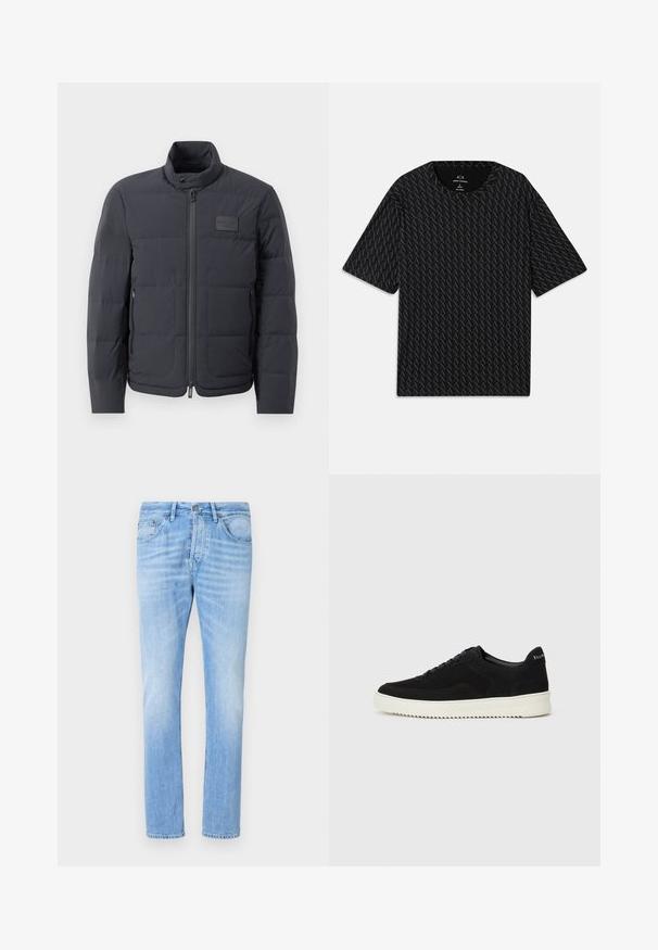 Must musternakk, millel on kõrge kaelus, tikkimise tekstuur ja esi tõmblukk. Iseloomustab väike logopatch vasakul rinnal ja küljetaskud.; Must mustläbiga T-särk, millel on tekstuurne muster vahelduvate 'A' logodega, lühikeste varrukatega ja ümar kaelus. Valmistatud kergest kangast.; Heled sinine teksapüksid sirge lõikega, nupuga kinnitamine, viie taskuga disain ja õrn pleekimine puusadel.; Mustad suede jooksujalatsid, millel on paelad ja kontrastne valge kummitald. Omab tekstuuriga külgpaneele ja tagasihoidlikku brändimist kandadel.