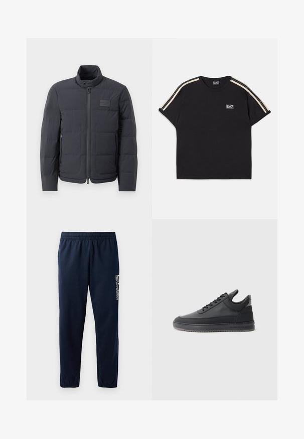 Black puffer jacket with a high collar, quilted texture, and a front zipper. Features a small logo patch on the left chest and side pockets.; Black cotton t-shirt with short sleeves. Features contrasting tan stripes on shoulders and a small branded logo on the chest.; Navy blue sweatpants with an elastic waistband, tapered legs, and a white logo on the side. Smooth fabric with a lightweight texture.; Black leather sneakers with a textured surface, lace-up design, a low top, and a grey rubber sole featuring a ridged edge.