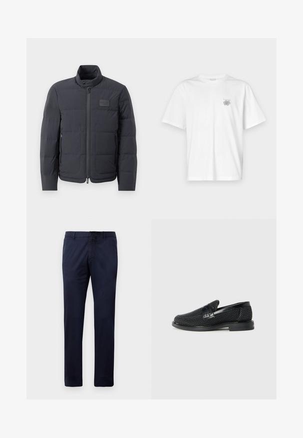 Melna pūkaina jaka ar augstu apkakli, quiltota tekstūra un priekšējo rāvējslēdzēju. Iekļauj mazu logotipa plāksteri kreisajā krūtī un sānu kabatas.; Baltas kokvilnas T-krekls ar īsām piedurknēm, apaļu dekoltē un mazu pelēku logo kreisajā krūšu daļā. Gluda tekstūra.; Tumši zili taisnā piegriezuma bikses ar jostas cilpām, priekšējo pogu aizdari un sānu kabatām, izstādītas uz baltas fona.; Melnas austas slaidu kurpes ar gludu ādas akcentu augšpusē, apaļas formas purngalu un zemas profila gumijas zoli.