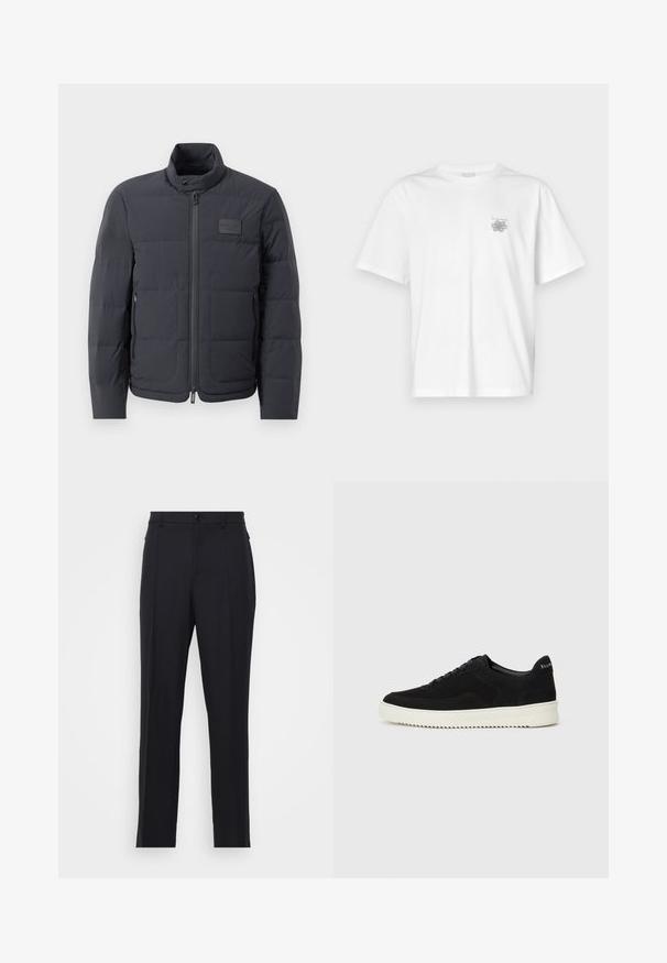 Schwarze Daunenjacke mit hohem Kragen, gestepptem Muster und einem Reißverschluss vorne. Verfügt über ein kleines Logopatch auf der linken Brust und seitliche Taschen.; Weißes T-Shirt aus Baumwolle mit kurzen Ärmeln, Rundhalsausschnitt und kleinem grauen Logo auf der linken Brustseite. Glatte Textur.; Helmut Lang TROUSER - Stoffhose - black; Schwarze Wildleder-Sneaker mit Schnürdesign und kontrastierender weißer Gummisohle. Verfügt über strukturierte Seitenpaneele und dezentes Branding an der Ferse.