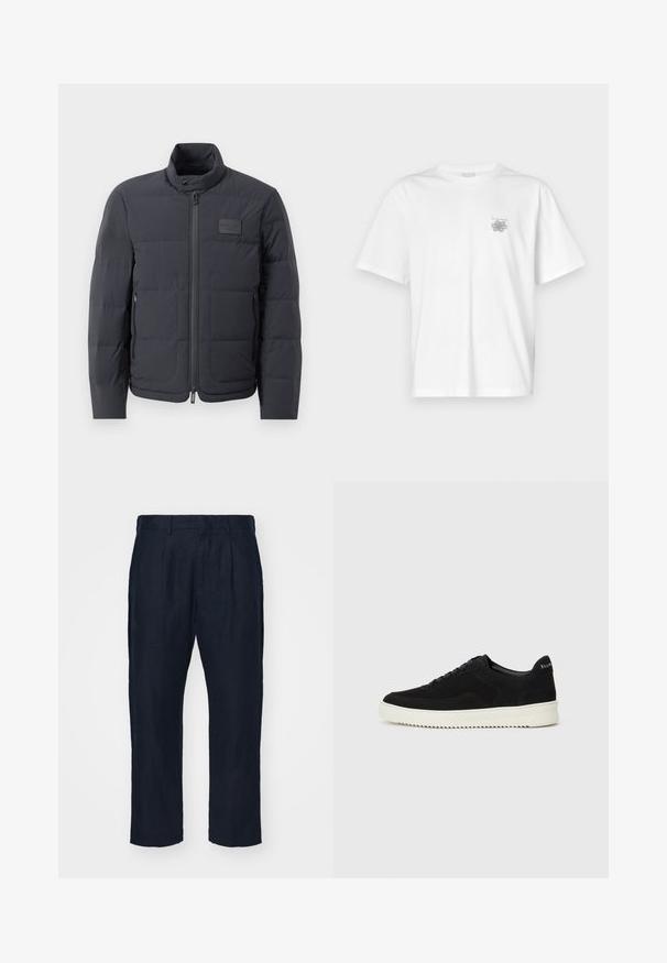 Black puffer jacket with a high collar, quilted texture, and a front zipper. Features a small logo patch on the left chest and side pockets.; White t-shirt made of cotton featuring short sleeves, a crew neck, and a small gray logo on the left chest area. Smooth texture.; Navy linen trousers with a straight-leg design, featuring pleats at the front and a smooth texture. Includes belt loops and side pockets.; Black suede sneaker with lace-up design and contrasting white rubber sole. Features textured side panels and subtle branding on the heel.