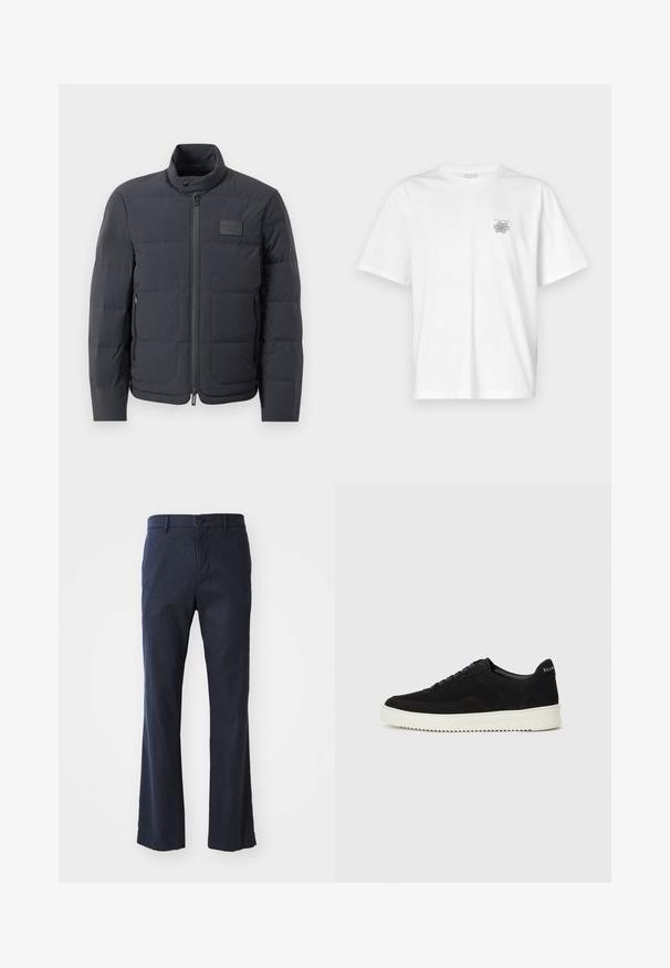 Casaco puffer preto com gola alta, textura acolchoada e fecho éclair frontal. Apresenta um pequeno emblema no lado esquerdo do peito e bolsos laterais.; Camisa branca de algodão com mangas curtas, gola redonda e um pequeno logótipo cinza na área do peito esquerdo. Textura suave.; Calças azuis-marinho em corte flare, feitas de tecido leve, apresentando um fecho de botão único e bolsos frontais, com uma textura suave.; Sapatilhas de camurça pretas com design de atacadores e sola de borracha branca em contraste. Apresenta painéis laterais texturizados e uma marcação discreta no calcanhar.