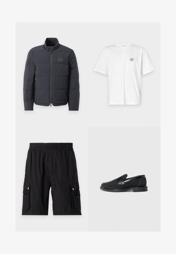 Juodas pūkuotas džemperis su aukštu kaklu, siuvinėta tekstūra ir priekiniais užtrauktukais. Yra mažas logotipo pleistras kairėje krūtinės pusėje ir šoniniai kišeniai.; Balta medvilninė marškinėlių, su trumpomis rankovėmis, apykaklė nei per aukšta, nei per žema, ir mažas pilkas logotipas kairėje krūtinės pusėje. Lygi tekstūra.; Juodi cargo šortai, pagaminti iš lengvos medžiagos, su elastinga juosmens juosta, šoninėmis kišenėmis ir sidabriniais spaudimo mygtukais.; Juodas pintas slip-on tipo batelis su lygiu odiniu akcentu viršuje, apvalios nosies dizainas ir žemas guminis padas.