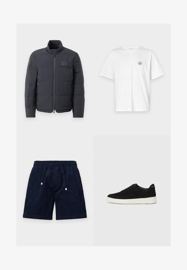 Jachetă puf neagră cu guler înalt, textură matlasată și fermoar frontal. Are un badge logo mic pe pieptul stâng și buzunare laterale.; Tricou alb din bumbac, cu mâneci scurte, guler rotund și un mic logo gri în zona stângă a pieptului. Textură netedă.; Pantaloni scurți din catifea cord cu elastic în talie, șnur reglabil și capete aurii din metal. Prezintă o textură moale și o croială dreaptă.; Adidași negri din suede cu design cu șireturi și talpă din cauciuc alb contrastant. Prezintă panouri laterale texturate și branding subtil pe toc.