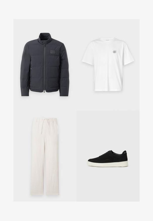 Melna pūkaina jaka ar augstu apkakli, quiltota tekstūra un priekšējo rāvējslēdzēju. Iekļauj mazu logotipa plāksteri kreisajā krūtī un sānu kabatas.; Baltas kokvilnas T-krekls ar īsām piedurknēm, apaļu dekoltē un mazu pelēku logo kreisajā krūšu daļā. Gluda tekstūra.; Gai bēšas lina bikses ar elastīgu jostasvietu, auklu, platām kājām, gludu tekstūru un bez redzamām rakstu vai detaļām.; Melnas zamšas kedas ar auklām un kontrastējošu baltu gumijas zoli. Iekļauj teksturētas sānu panēles un diskretu zīmolu uz papēža.