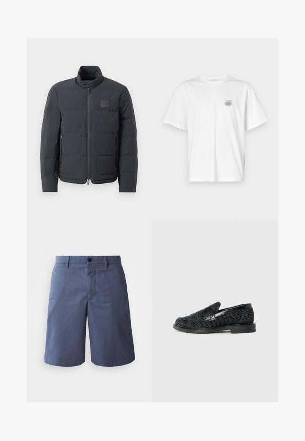 Fekete steppelt dzseki magas gallérral, steppelt textúrával és elülső cipzárral. Bal mellkason egy kis logófolt található, valamint oldalsó zsebek.; Fehér pamut póló rövid ujjakkal, kerek nyakkal, és egy kis szürke logóval a bal mellrészen. Sima tapintású.; Sötétkék pamut rövidnadrág lapos elülső résszel, egysoros gombzárással, két oldalsó zsebbel és egyenes lábujjal. Sima felület, látható minták nélkül.; Fekete szőtt slip-on cipő sima bőr díszítéssel a felsőrészen, kerek orral és alacsony profilos gumitalppal.