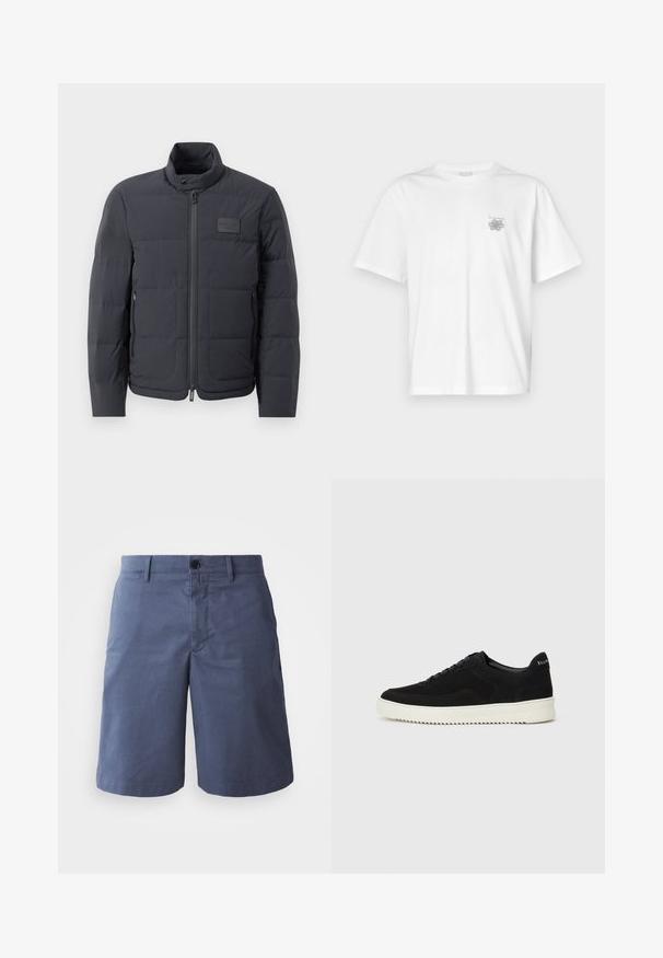 Crna puf jakna s visokim ovratnikom, kviltanom teksturom i prednjim zatvaračem. Ima mali logotip na lijevoj strani prsnog dijela i bočne džepove.; Bijela majica od pamuka s kratkim rukavima, okruglim izrezom i malim sivim logotipom na lijevoj strani prsnog područja. Glatka tekstura.; Tamnoplave pamučne šortse s ravnim prednjim dijelom, jednim dugmetom, dva bočna džepa i ravnim krojem. Glatka tekstura, bez vidljivih uzoraka.; Crne nubuk tenisice s vezanjem i kontrastnom bijelom gumenom potplatom. Imaju teksturirane bočne panele i suptilno brendiranje na peti.
