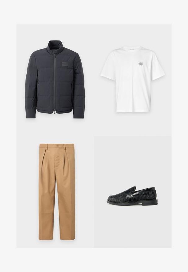 Czarna kurtka puchowa z wysokim kołnierzem, pikowanym wzorem i zamkiem z przodu. Posiada małą naszywkę z logo na lewej piersi oraz kieszenie boczne.; Biała koszulka z bawełny z krótkimi rękawami, okrągłym dekoltem i małym szarym logo po lewej stronie klatki piersiowej. Gładka tekstura.; Beżowe bawełniane spodnie o luźnym kroju, z plisowanym wzorem, paskiem w talii z zapięciem na guziki oraz prostymi nogawkami. Gładka tekstura bez wzorów.; Czarny, pleciony but wsuwany z gładkim skórzanym akcentem na cholewce, o okrągłym nosku i niskoprofilowej gumowej podeszwie.