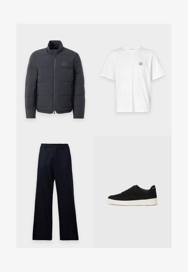 Casaco puffer preto com gola alta, textura acolchoada e fecho éclair frontal. Apresenta um pequeno emblema no lado esquerdo do peito e bolsos laterais.; Camisa branca de algodão com mangas curtas, gola redonda e um pequeno logótipo cinza na área do peito esquerdo. Textura suave.; Calças largas de cintura alta pretas com passantes para cinto, botão frontal e fecho com zíper sobre um fundo branco liso.; Sapatilhas de camurça pretas com design de atacadores e sola de borracha branca em contraste. Apresenta painéis laterais texturizados e uma marcação discreta no calcanhar.