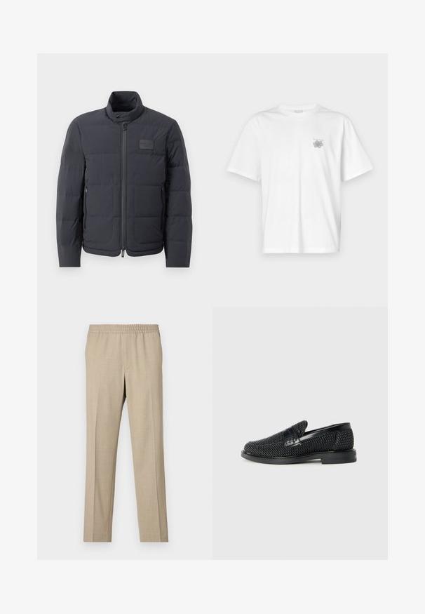 Black puffer jacket with a high collar, quilted texture, and a front zipper. Features a small logo patch on the left chest and side pockets.; White t-shirt made of cotton featuring short sleeves, a crew neck, and a small gray logo on the left chest area. Smooth texture.; Filippa K THEO - Trousers - sage melange; Black woven slip-on shoe with a smooth leather accent on the upper, a round toe design, and a low-profile rubber sole.