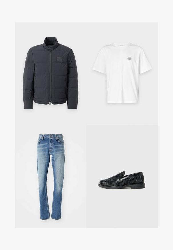 Juodas pūkuotas džemperis su aukštu kaklu, siuvinėta tekstūra ir priekiniais užtrauktukais. Yra mažas logotipo pleistras kairėje krūtinės pusėje ir šoniniai kišeniai.; Balta medvilninė marškinėlių, su trumpomis rankovėmis, apykaklė nei per aukšta, nei per žema, ir mažas pilkas logotipas kairėje krūtinės pusėje. Lygi tekstūra.; Šviesiai mėlynos džinsinės kelnės su tiesiu pjūviu, turinčios klasikinį penkių kišenių dizainą, kontrastinę siuvinėjimą ir subtilų išblukusį tekstūrą.; Juodas pintas slip-on tipo batelis su lygiu odiniu akcentu viršuje, apvalios nosies dizainas ir žemas guminis padas.