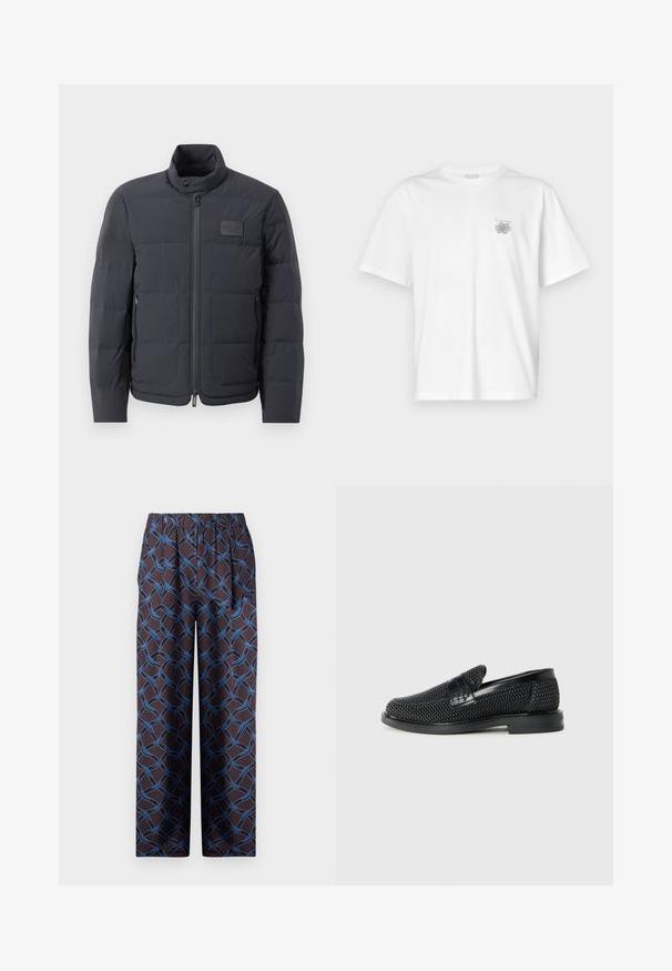 Doudoune noire avec un col montant, texture matelassée et fermeture éclair à l'avant. Elle possède une petite étiquette avec logo sur la poitrine gauche et des poches latérales.; T-shirt blanc en coton avec des manches courtes, un col ras du cou et un petit logo gris sur la partie gauche de la poitrine. Texture lisse.; Pantalons larges en tissu sombre, ornés d'un motif tissé bleu. La taille élastique garantit un confort optimal. Texture lisse avec des accents géométriques.; Chaussure slip-on tissée noire avec un accent en cuir lisse sur le dessus, un design à bout rond et une semelle en caoutchouc à profil bas.