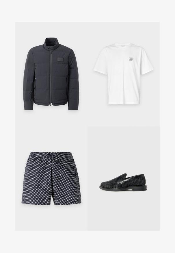 Black puffer jacket with a high collar, quilted texture, and a front zipper. Features a small logo patch on the left chest and side pockets.; White t-shirt made of cotton featuring short sleeves, a crew neck, and a small gray logo on the left chest area. Smooth texture.; Navy blue shorts with a white circular polka dot pattern, featuring an elastic waistband with a drawstring. Lightweight fabric, relaxed fit.; Black woven slip-on shoe with a smooth leather accent on the upper, a round toe design, and a low-profile rubber sole.