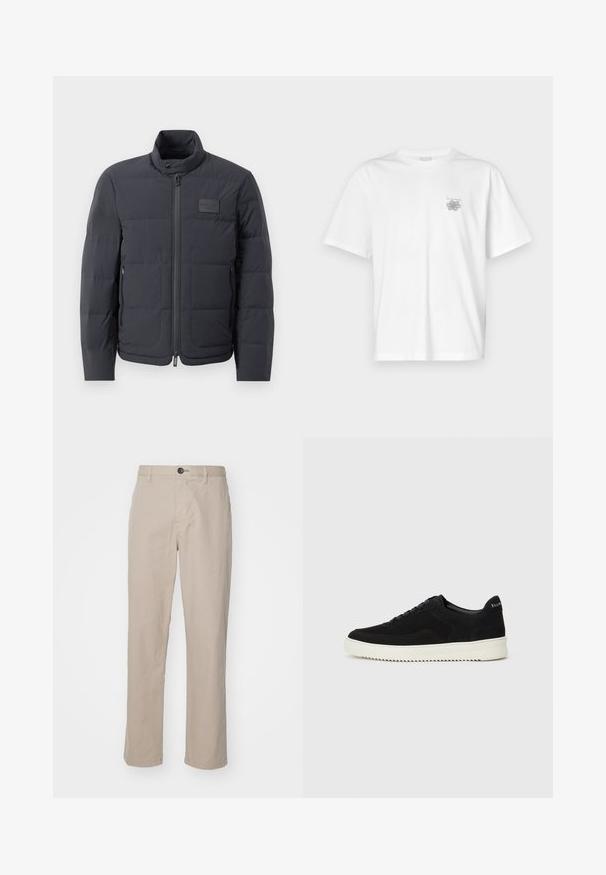 Black puffer jacket with a high collar, quilted texture, and a front zipper. Features a small logo patch on the left chest and side pockets.; White t-shirt made of cotton featuring short sleeves, a crew neck, and a small gray logo on the left chest area. Smooth texture.; Beige straight-leg trousers in lightweight fabric, featuring a button closure and subtle stitching details. Flat front with side pockets.; Black suede sneaker with lace-up design and contrasting white rubber sole. Features textured side panels and subtle branding on the heel.