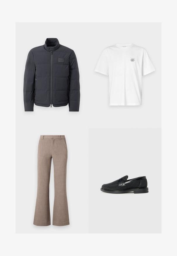 Fekete steppelt dzseki magas gallérral, steppelt textúrával és elülső cipzárral. Bal mellkason egy kis logófolt található, valamint oldalsó zsebek.; Fehér pamut póló rövid ujjakkal, kerek nyakkal, és egy kis szürke logóval a bal mellrészen. Sima tapintású.; Beige kicsíptetett nadrág textúrált szövetből, cipzáros záródással és oldalzózsebekkel a funkcionalitás érdekében. Irodai szabás.; Fekete szőtt slip-on cipő sima bőr díszítéssel a felsőrészen, kerek orral és alacsony profilos gumitalppal.