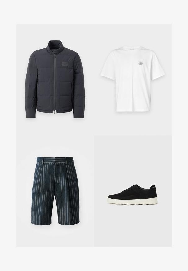 Black puffer jacket with a high collar, quilted texture, and a front zipper. Features a small logo patch on the left chest and side pockets.; White t-shirt made of cotton featuring short sleeves, a crew neck, and a small gray logo on the left chest area. Smooth texture.; Blue pinstriped shorts with a straight cut, featuring a waistband and pleats, made from a textured fabric. No visible pockets or hardware.; Black suede sneaker with lace-up design and contrasting white rubber sole. Features textured side panels and subtle branding on the heel.