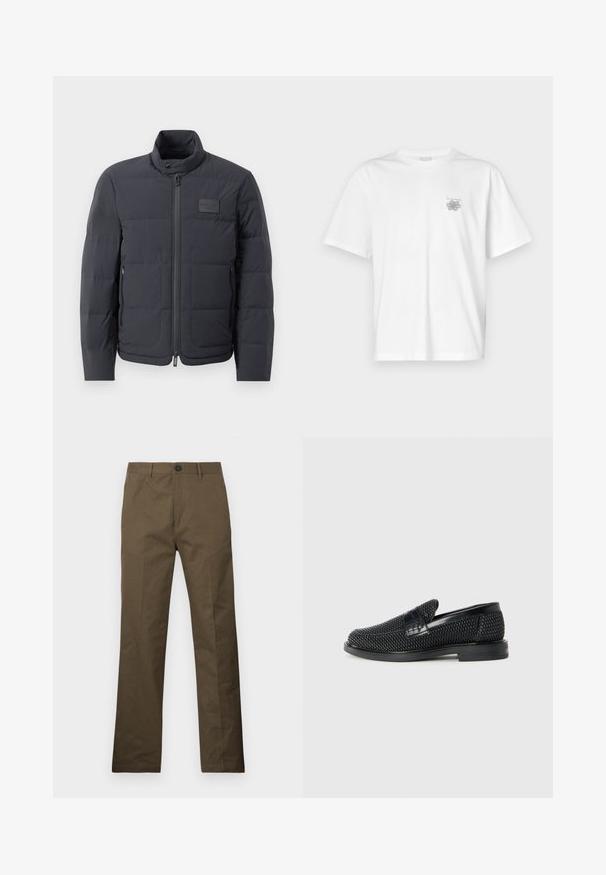 Black puffer jacket with a high collar, quilted texture, and a front zipper. Features a small logo patch on the left chest and side pockets.; White t-shirt made of cotton featuring short sleeves, a crew neck, and a small gray logo on the left chest area. Smooth texture.; Brown cotton trousers with a straight cut, featuring a button closure and side pockets, displayed against a white background.; Black woven slip-on shoe with a smooth leather accent on the upper, a round toe design, and a low-profile rubber sole.