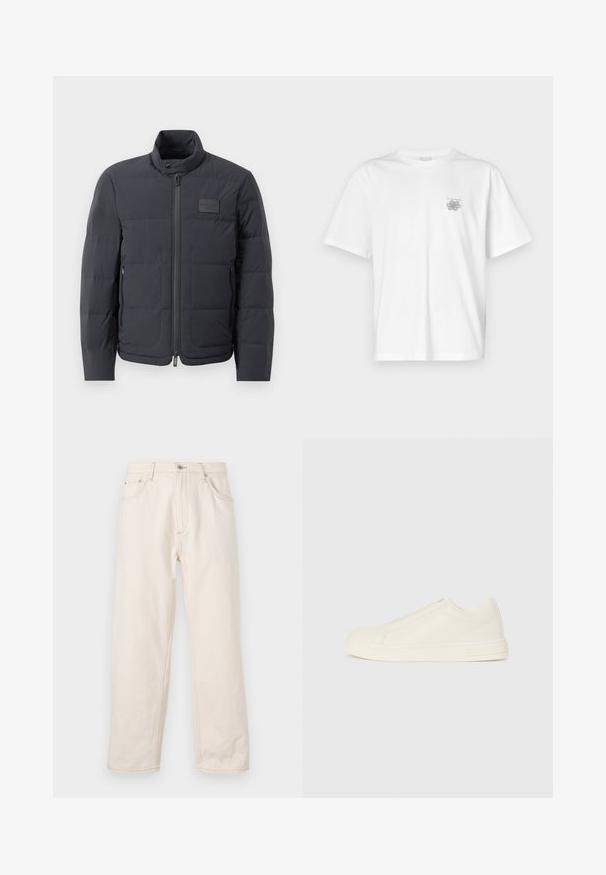 Black puffer jacket with a high collar, quilted texture, and a front zipper. Features a small logo patch on the left chest and side pockets.; White t-shirt made of cotton featuring short sleeves, a crew neck, and a small gray logo on the left chest area. Smooth texture.; Beige straight-leg jeans made of denim, featuring a button closure, five pockets, and visible stitching details. Smooth texture.; Low-top beige leather sneaker with a round toe, minimal stitching, and a side zipper closure on a white background.