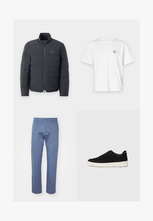Czarna kurtka puchowa z wysokim kołnierzem, pikowanym wzorem i zamkiem z przodu. Posiada małą naszywkę z logo na lewej piersi oraz kieszenie boczne.; Biała koszulka z bawełny z krótkimi rękawami, okrągłym dekoltem i małym szarym logo po lewej stronie klatki piersiowej. Gładka tekstura.; Jasnoniebieskie spodnie wykonane z gładkiego materiału, o prostym kroju, z szlufkami na pasek oraz zamkiem błyskawicznym z zapięciem na guzik. Bez wzorów czy akcentów.; Czarne zamszowe sneakersy z designem na sznurówki i kontrastującą białą gumową podeszwą. Posiadają teksturowane boczne panele oraz subtelne logo na pięcie.